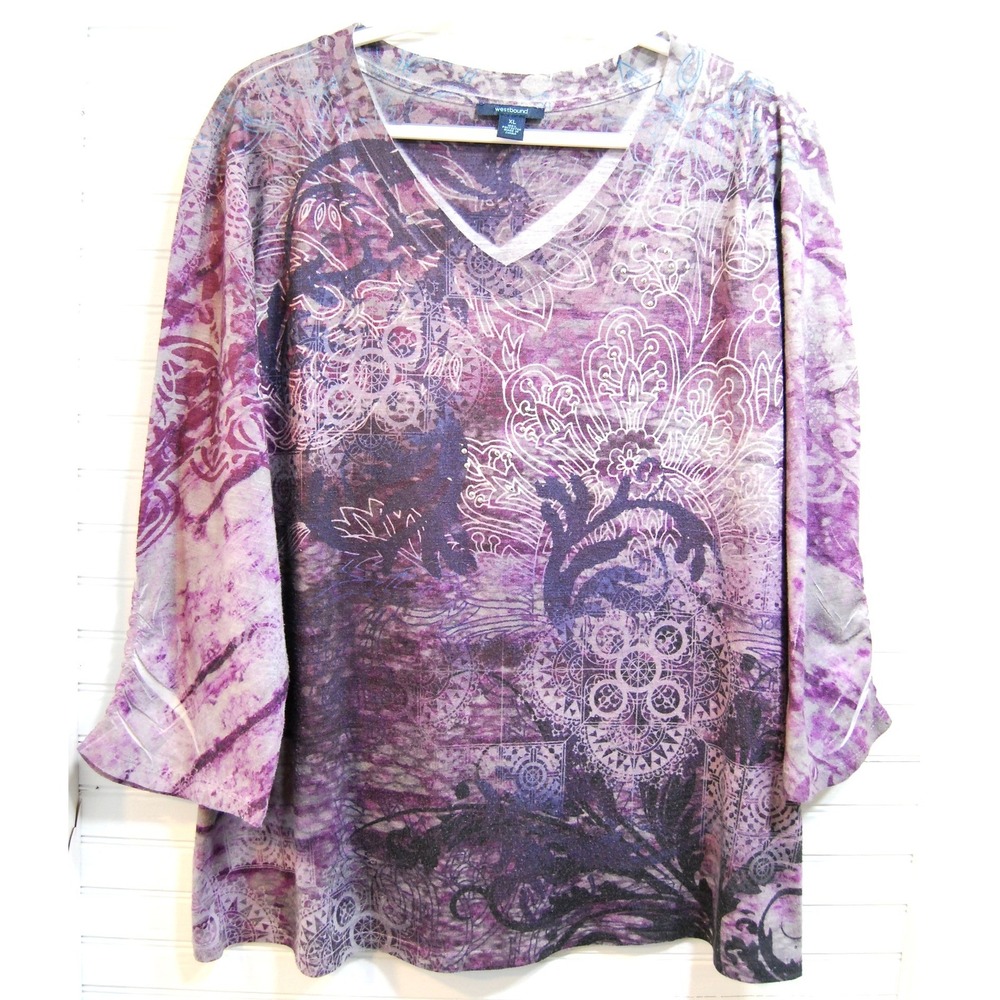 Women's Y2K Top XL Westbound Purple Floral Rhinestone Shabby Chic 3/4 sleeve VTG